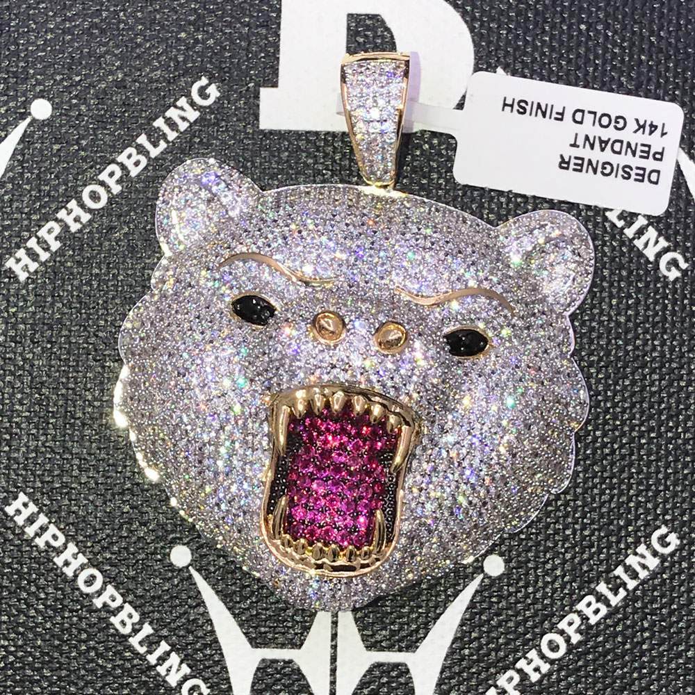 Grizzly Bear CZ Hip Hop Bling Bling Pendant Yellow Gold HipHopBling