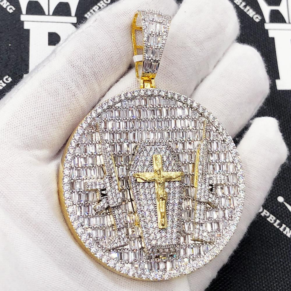 Guns & God Jesus Baguette CZ Iced Out Pendant Yellow Gold HipHopBling