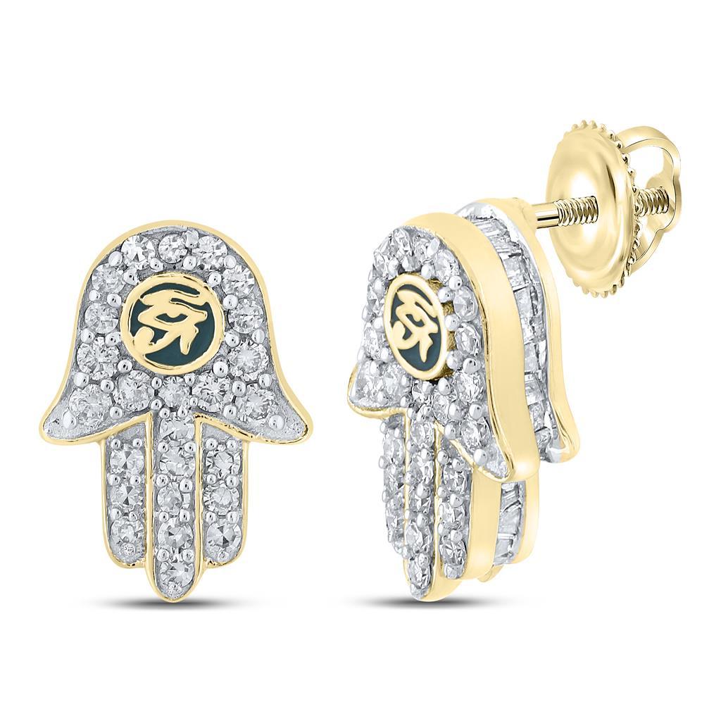 Hamsa 3D Baguette Diamond Earrings .75cttw 10K Yellow Gold HipHopBling