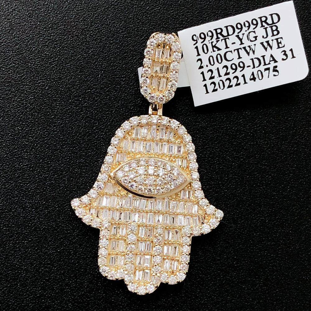 Hamsa Baguette Diamond Pendant 2.00cttw 10K Yellow Gold HipHopBling