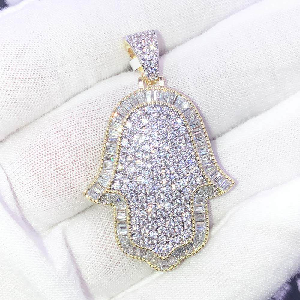 Hamsa Baguette Edge CZ Hip Hop Bling Bling Pendant Yellow Gold HipHopBling