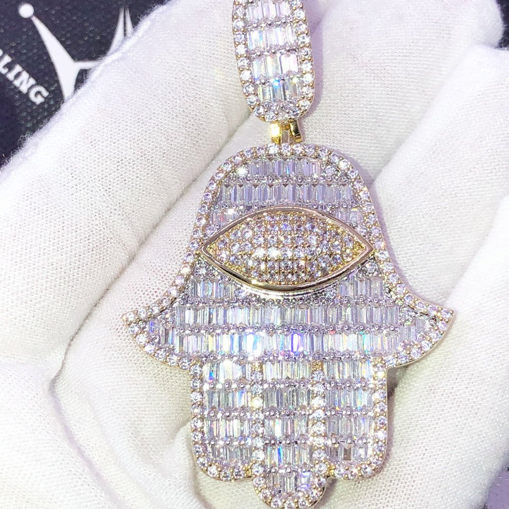 Hamsa Large Baguette CZ Hip Hop Iced Out Pendant Yellow Gold HipHopBling