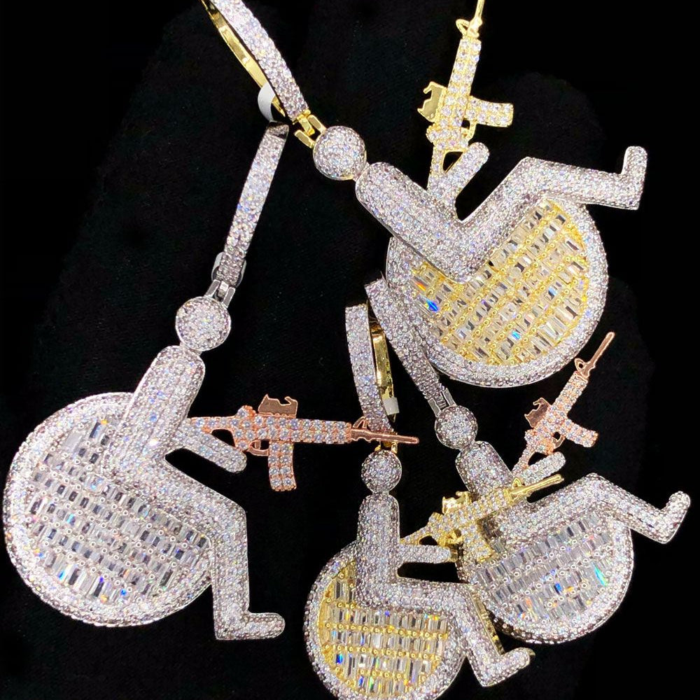 Handicap Machine Gun VVS CZ Hip Hop Iced Out Pendant Small Yellow Gold HipHopBling