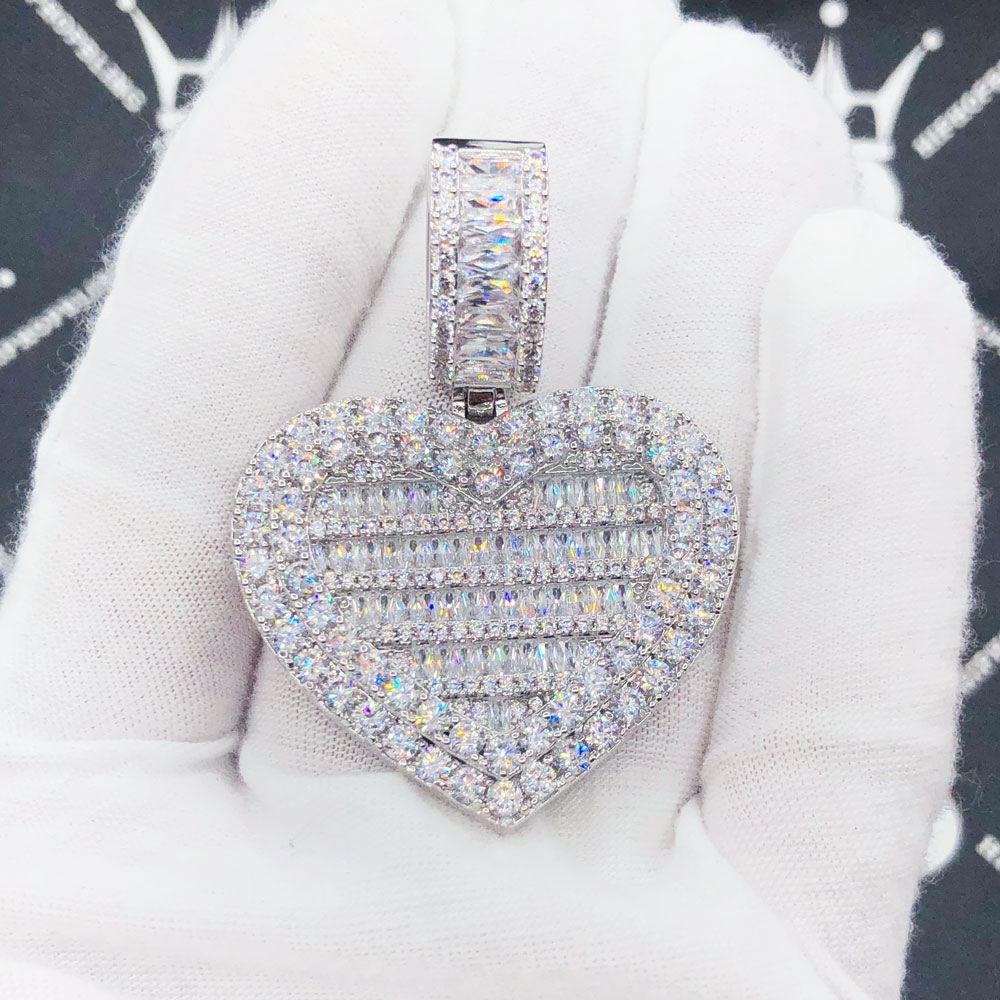 Heart Baguette Iced Out Hip Hop Pendant White Gold HipHopBling
