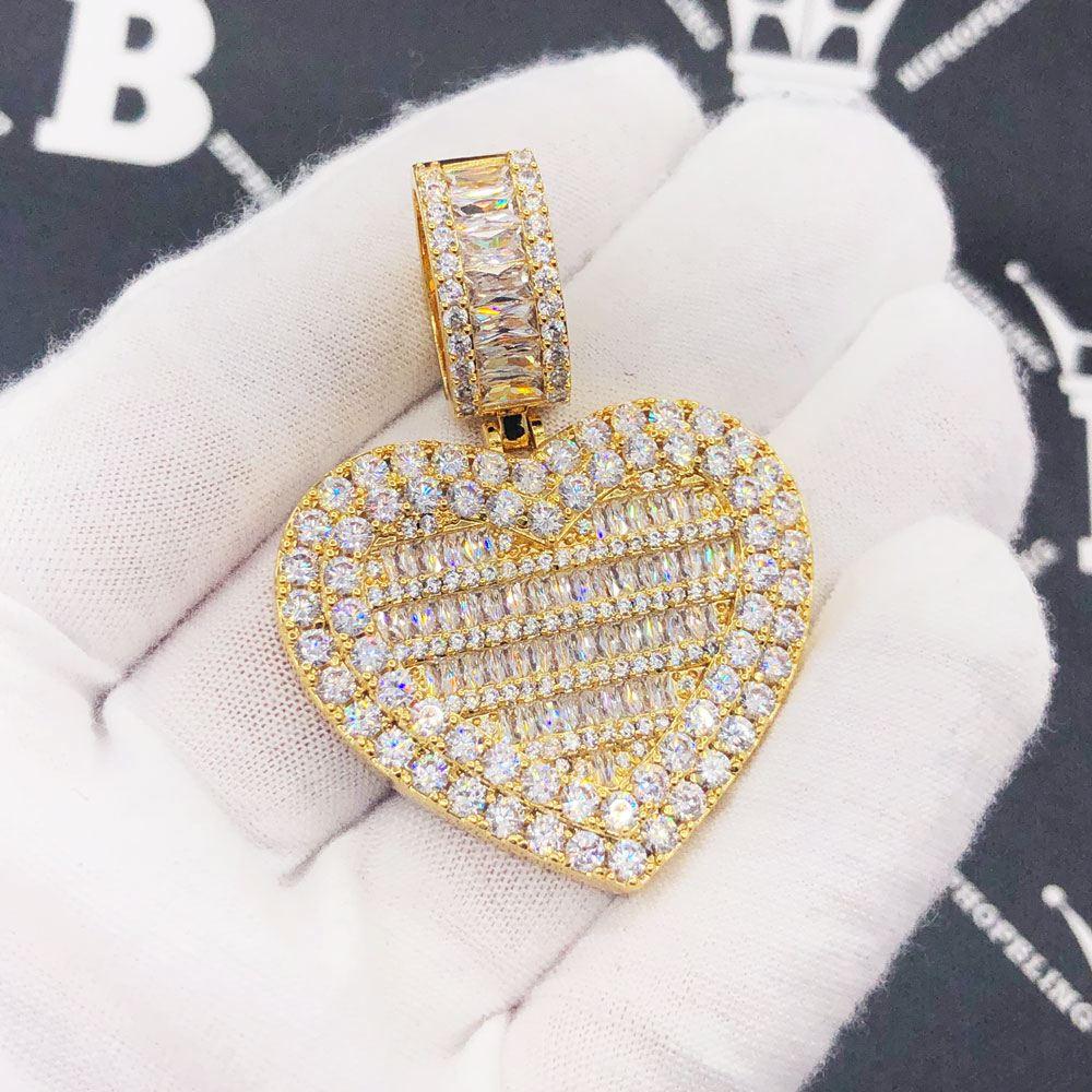Heart Baguette Iced Out Hip Hop Pendant Yellow Gold HipHopBling