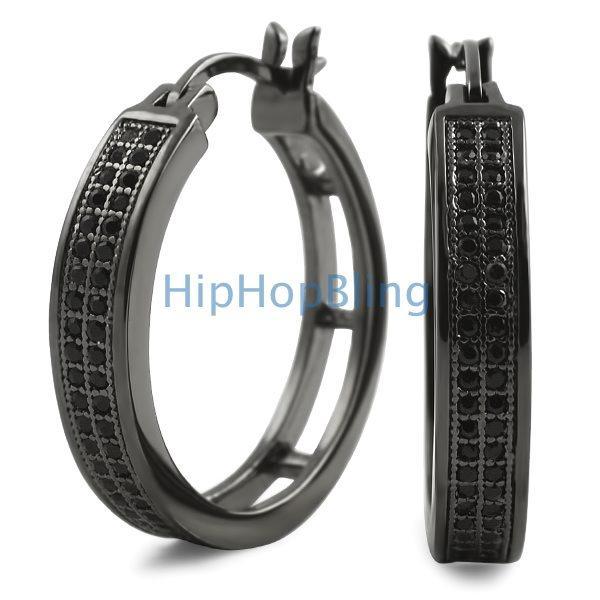 Hoops 2 Row CZ Micro Pave Earrings Black HipHopBling