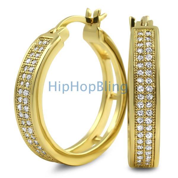 Hoops 2 Row CZ Micro Pave Earrings Yellow Gold HipHopBling