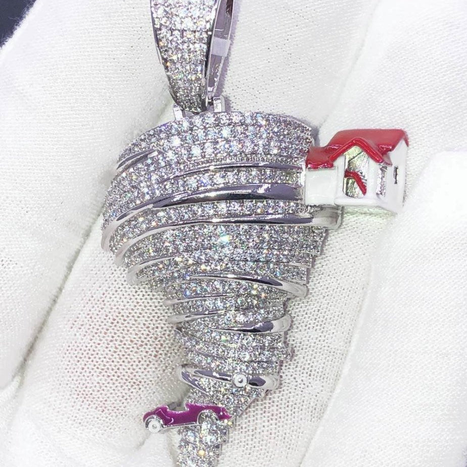Hurricane Tornado CZ Hip Hop Bling Bling Pendant White Gold HipHopBling