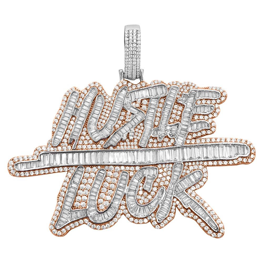 Hustle Luck Baguette VVS CZ Hip Hop Iced Out Pendant White Gold HipHopBling