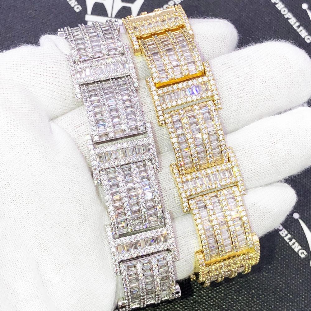 I Bars Baguette VVS Iced Out Hip Hop Bracelet White Gold 7" HipHopBling