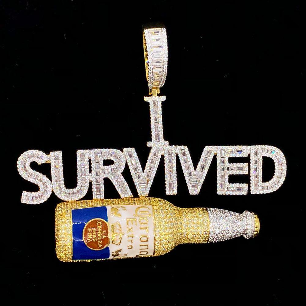 I Survived Corona Baguette CZ Hip Hop Bling Bling Pendant Yellow Gold HipHopBling