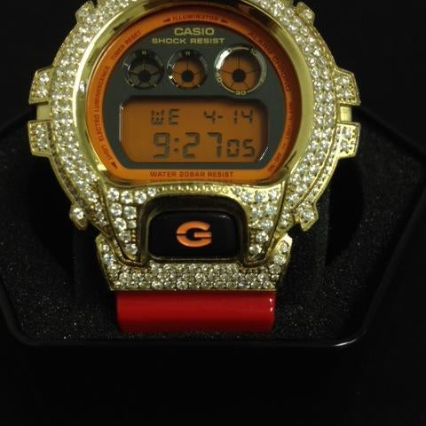 Iced Out Gold G Shock Red Watch DW6900 HipHopBling