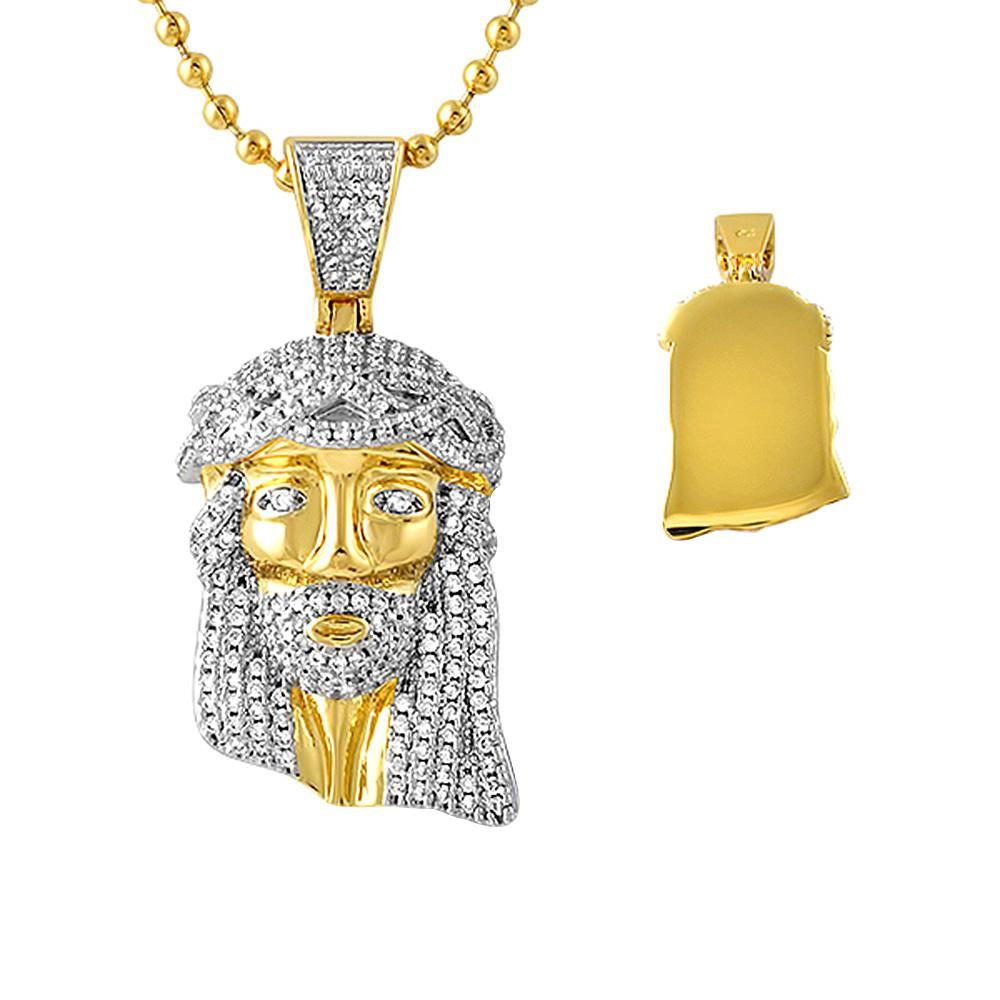 Iced Out Gold Micro Jesus Pendant Solid Back HipHopBling