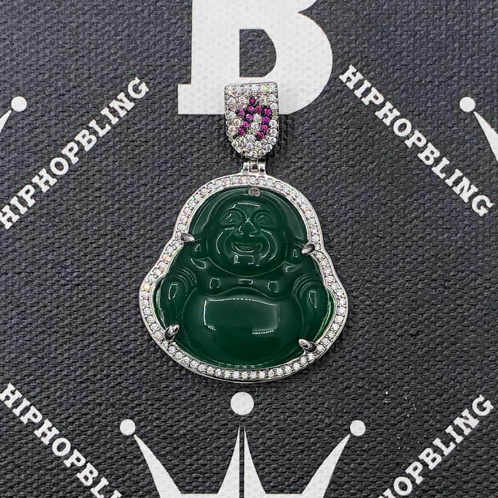 Jade Lucky Buddha CZ Gold Pendant White Gold HipHopBling