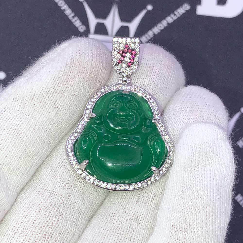 Jade Lucky Buddha CZ Gold Pendant White Gold HipHopBling