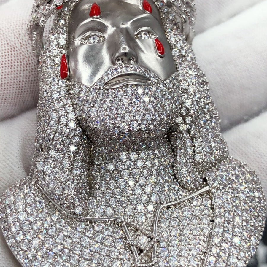 Jesus Bust 3D Tears CZ Hip Hop Bling Pendant White Gold HipHopBling