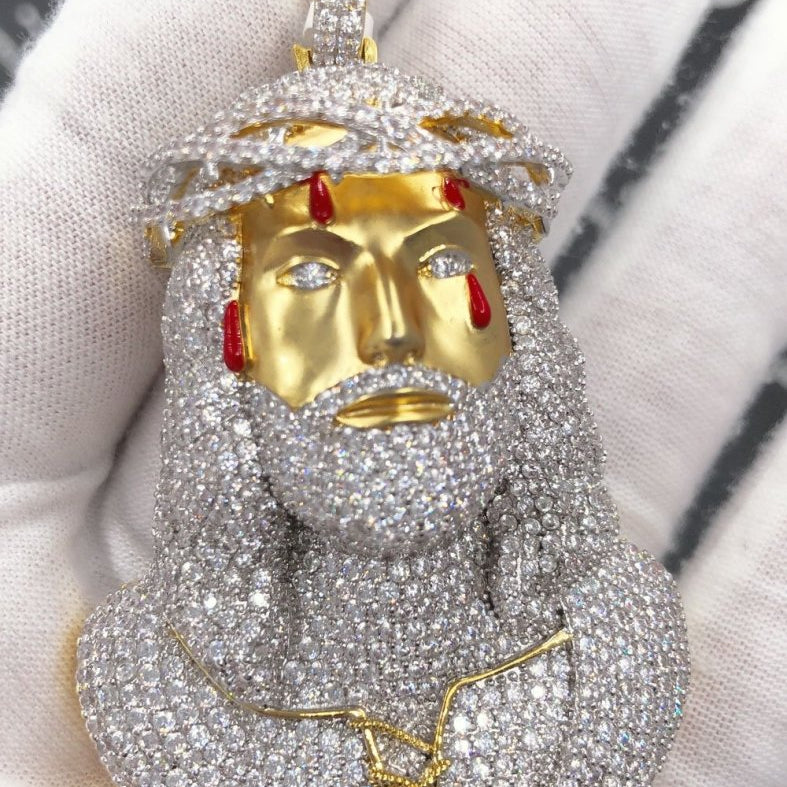 Jesus Bust 3D Tears CZ Hip Hop Bling Pendant Yellow Gold HipHopBling