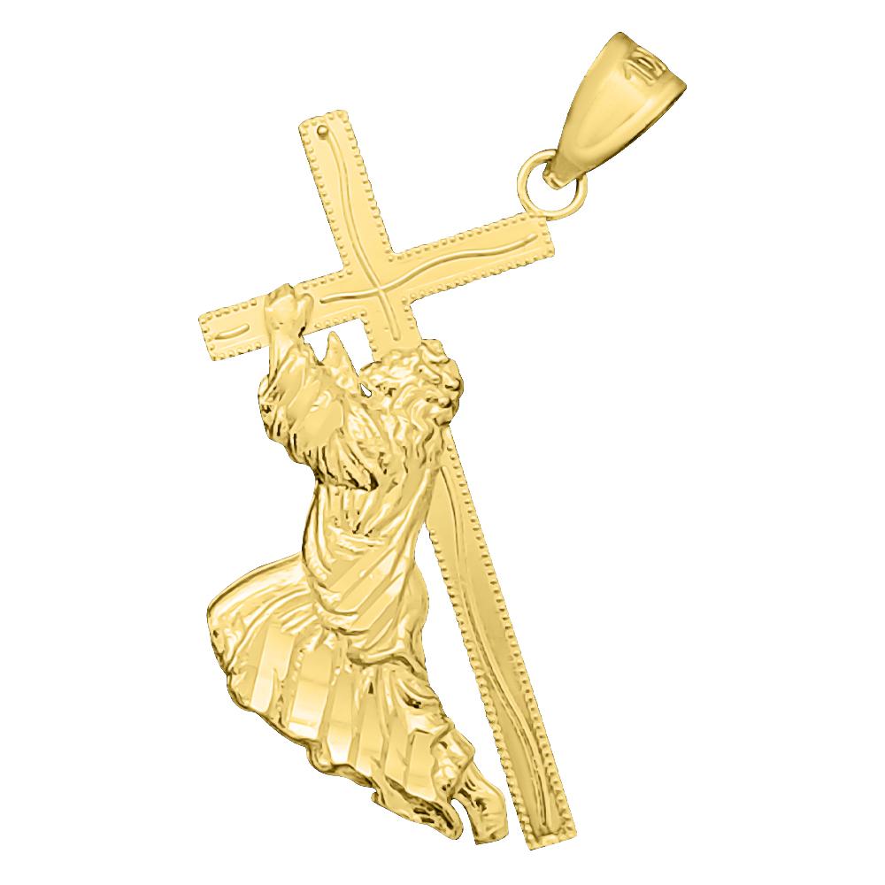 Jesus Carrying Cross DC 10K Yellow Gold Pendant HipHopBling