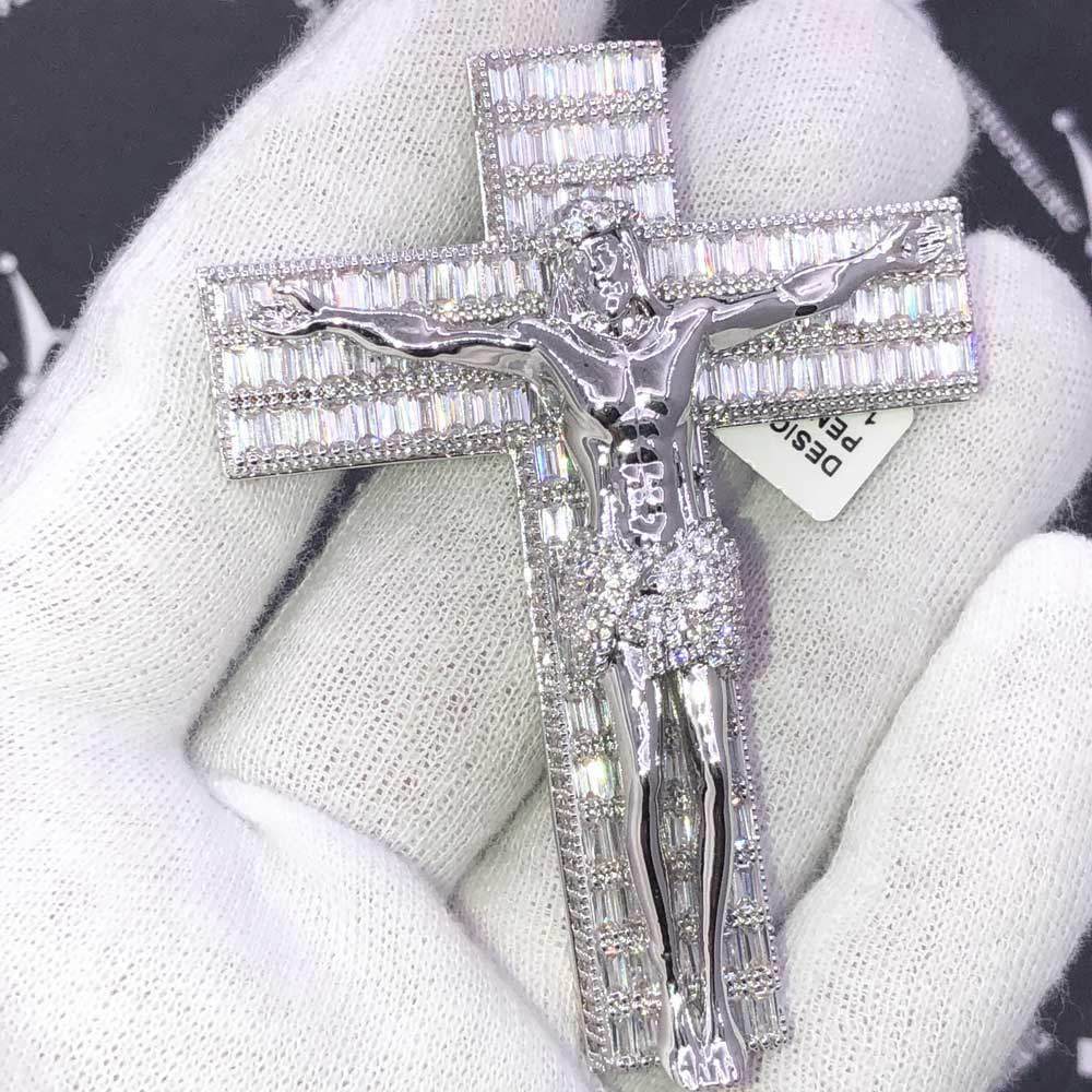 Jesus Crucifix Baguette Cross CZ Hip Hop Bling Bling Pendant Yellow Gold HipHopBling