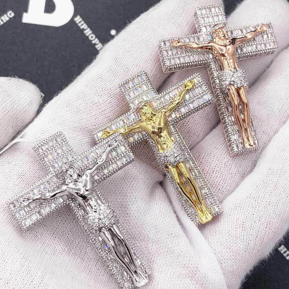 Jesus Crucifix Medium Baguette CZ Hip Hop Bling Bling Pendant Yellow Gold HipHopBling