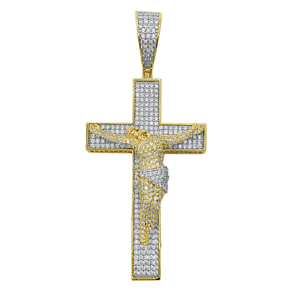 Jesus Crucifix Pave Cross CZ Hip Hop Iced Out Pendant Yellow Gold HipHopBling