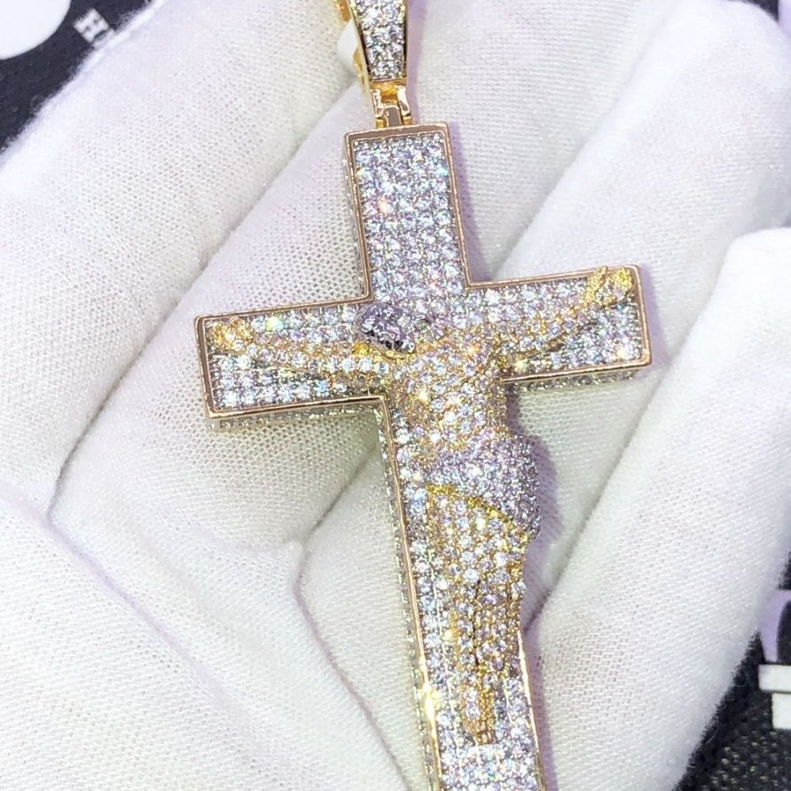 Jesus Crucifix Pave Cross CZ Hip Hop Iced Out Pendant Yellow Gold HipHopBling
