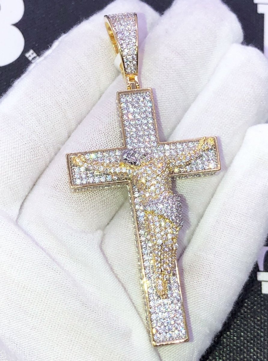 Jesus Crucifix Pave Cross CZ Hip Hop Iced Out Pendant Yellow Gold HipHopBling