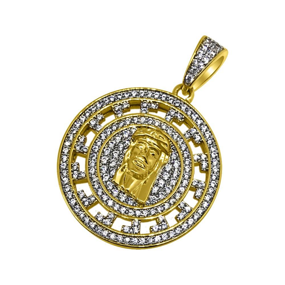 Jesus Greek Pattern Gold CZ Circle Pendant HipHopBling