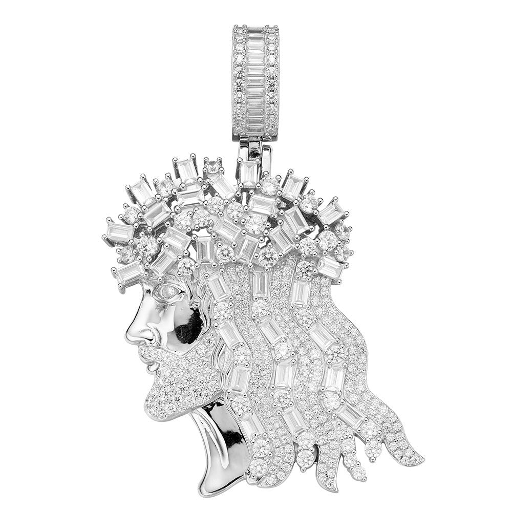 Jesus Profile Baguette CZ Iced Out Pendant .925 Sterling Silver HipHopBling