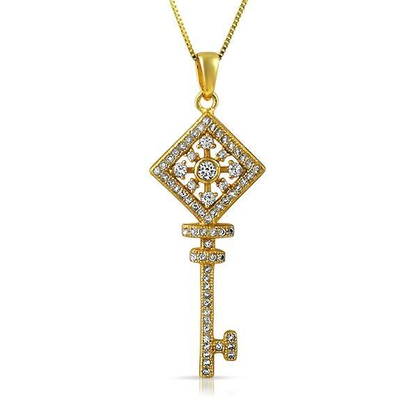 Key Square Wheel CZ Gold .925 Sterling Silver Pendant Pendant Only HipHopBling