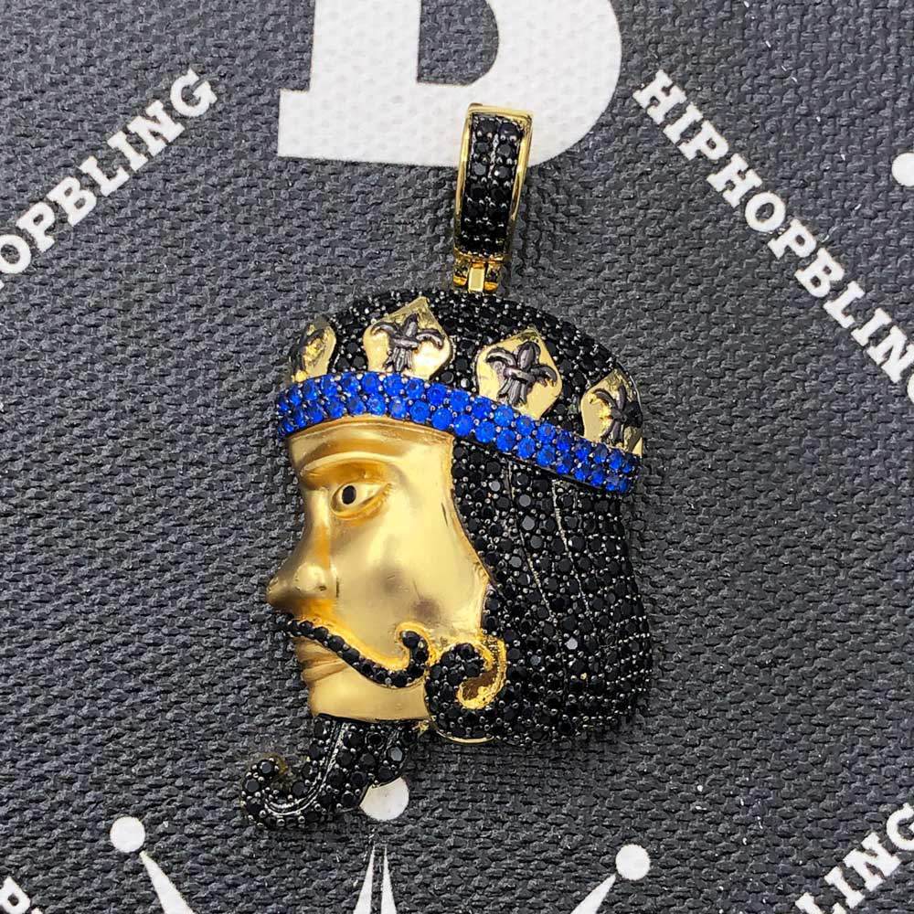 King Face Profile CZ Hip Hop Bling Bling Pendant Yellow Gold HipHopBling