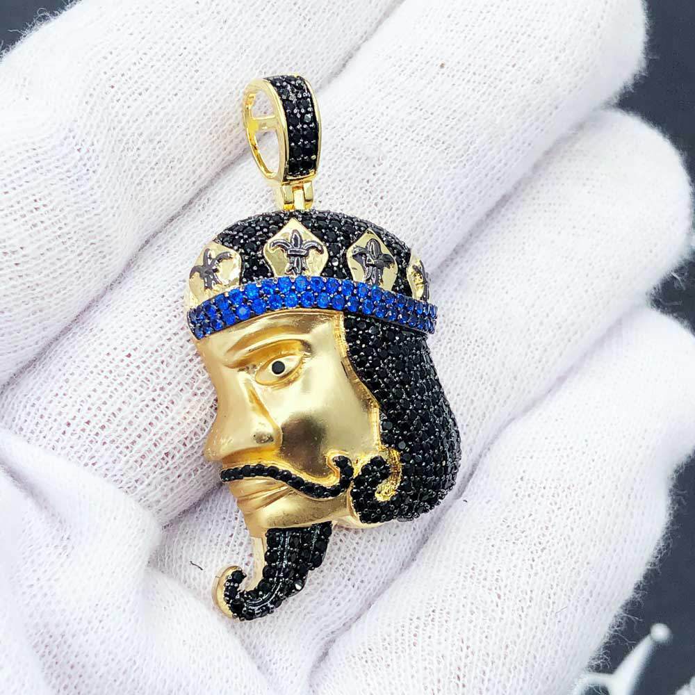 King Face Profile CZ Hip Hop Bling Bling Pendant Yellow Gold HipHopBling