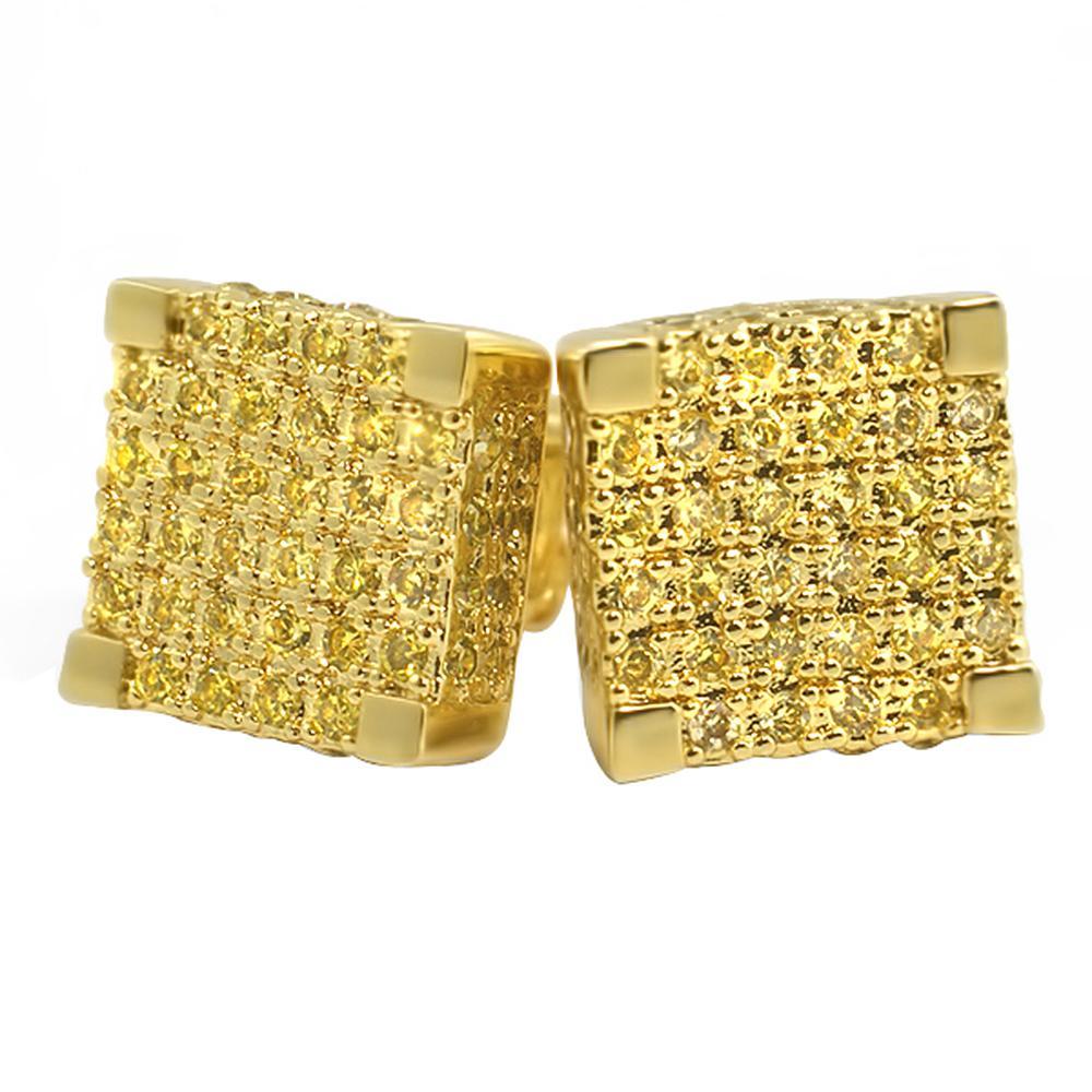 Large 3D Cube Canary Gold CZ Iced Out Earrings HipHopBling