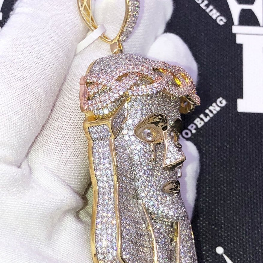 Large 3D Pave Jesus Piece VVS CZ Hip Hop Iced Out Pendant Yellow Gold HipHopBling