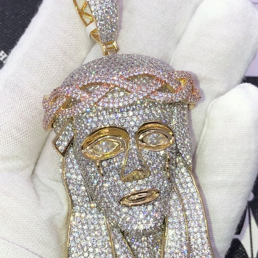 Large 3D Pave Jesus Piece VVS CZ Hip Hop Iced Out Pendant Yellow Gold HipHopBling
