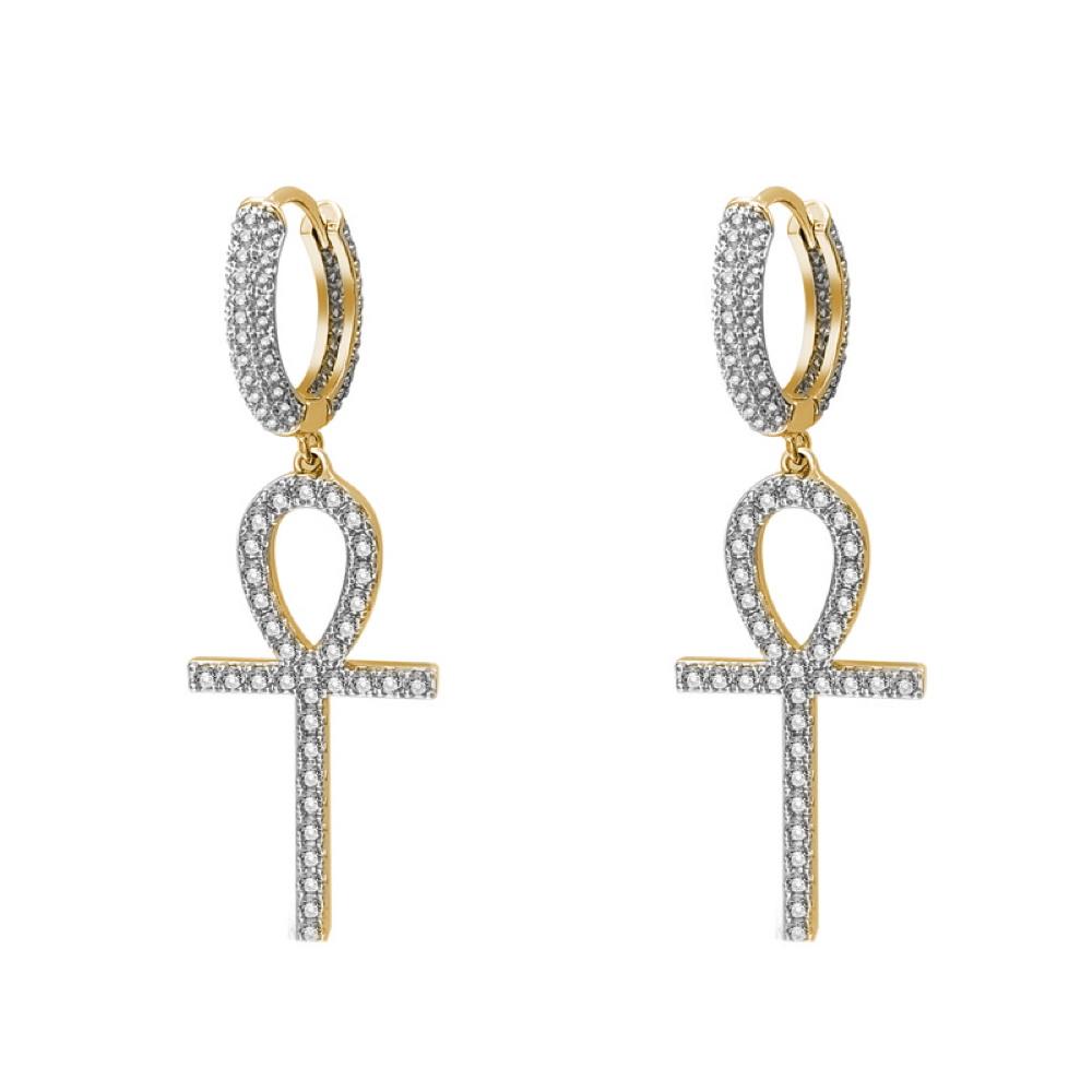 Large Ankh Tennis Cross Dangling Huggie Hoop Iced Out Earrings .925 Silver Yellow Gold HipHopBling