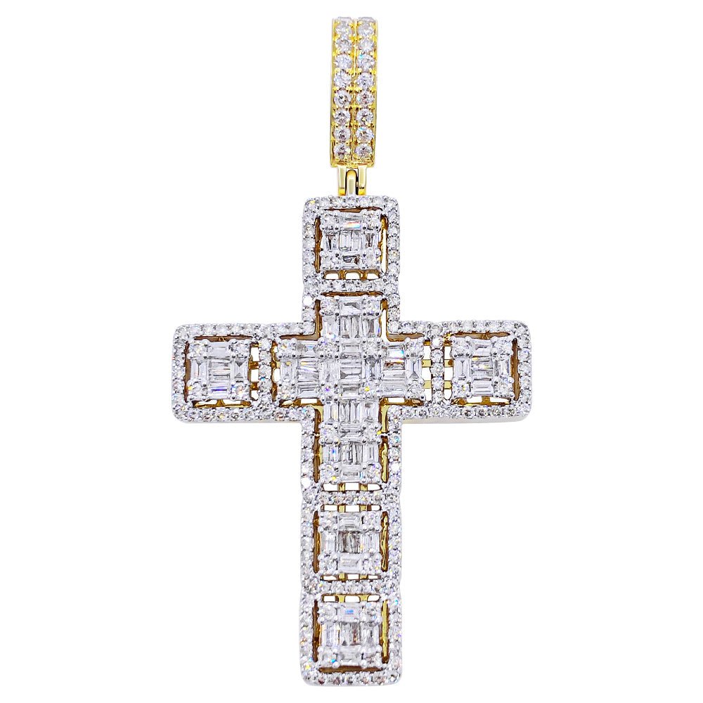 Large Baguette Cluster Cross 3.86cttw Diamond Pendant 10K Yellow Gold HipHopBling