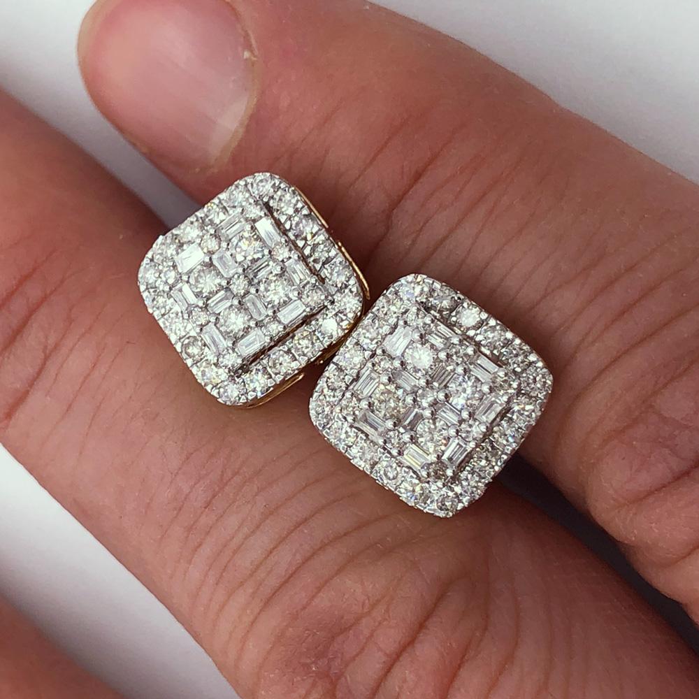 Large Baguette Cushion Diamond Earrings 1.30cttw 10K Yellow Gold HipHopBling