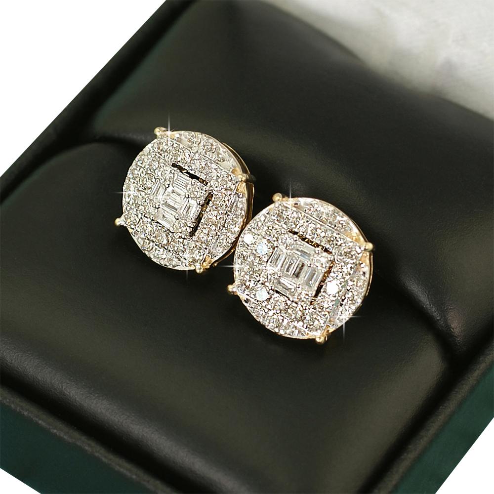 Large Baguette in Circle Diamond Earrings 1.10cttw 10K Yellow Gold HipHopBling
