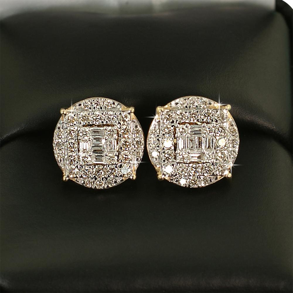 Large Baguette in Circle Diamond Earrings 1.10cttw 10K Yellow Gold HipHopBling