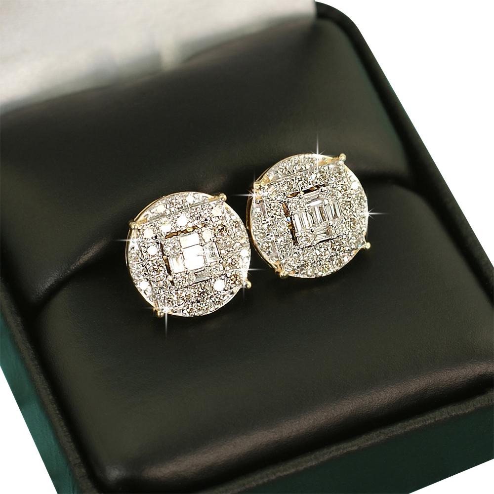 Large Baguette in Circle Diamond Earrings 1.10cttw 10K Yellow Gold HipHopBling