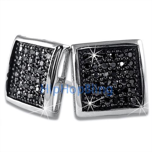 Large Deep Box Black CZ Micropave Earrings .925 Silver HipHopBling