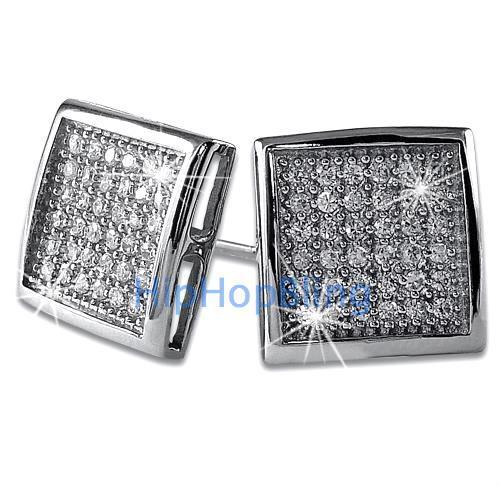 Large Deep Box CZ Micropave Earrings .925 Sterling Silver HipHopBling