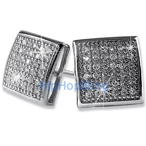 Large Puffed Box CZ Micro Pave Bling Earrings .925 Silver HipHopBling