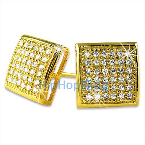 Large Puffed Box Gold Vermeil CZ Micro Pave Earrings .925 Silver HipHopBling