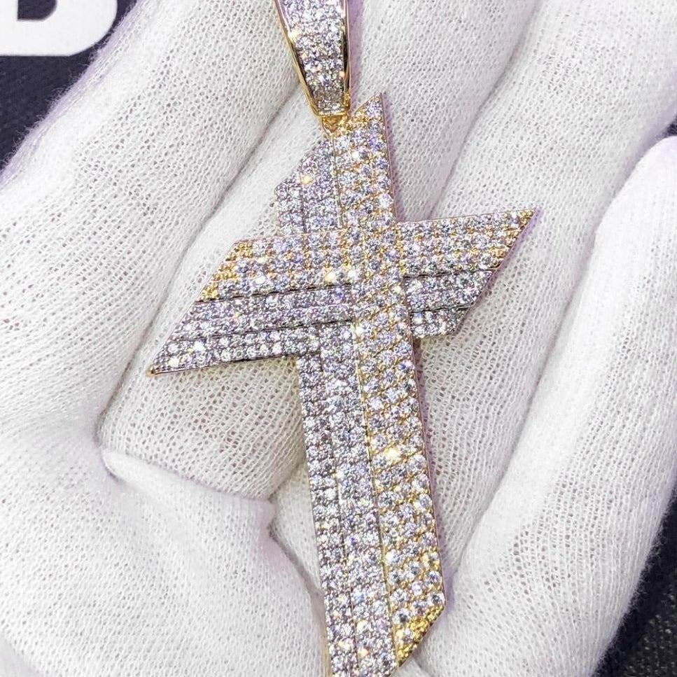 Layered Sharp Cross VVS CZ Hip Hop Iced Out Pendant Yellow Gold HipHopBling