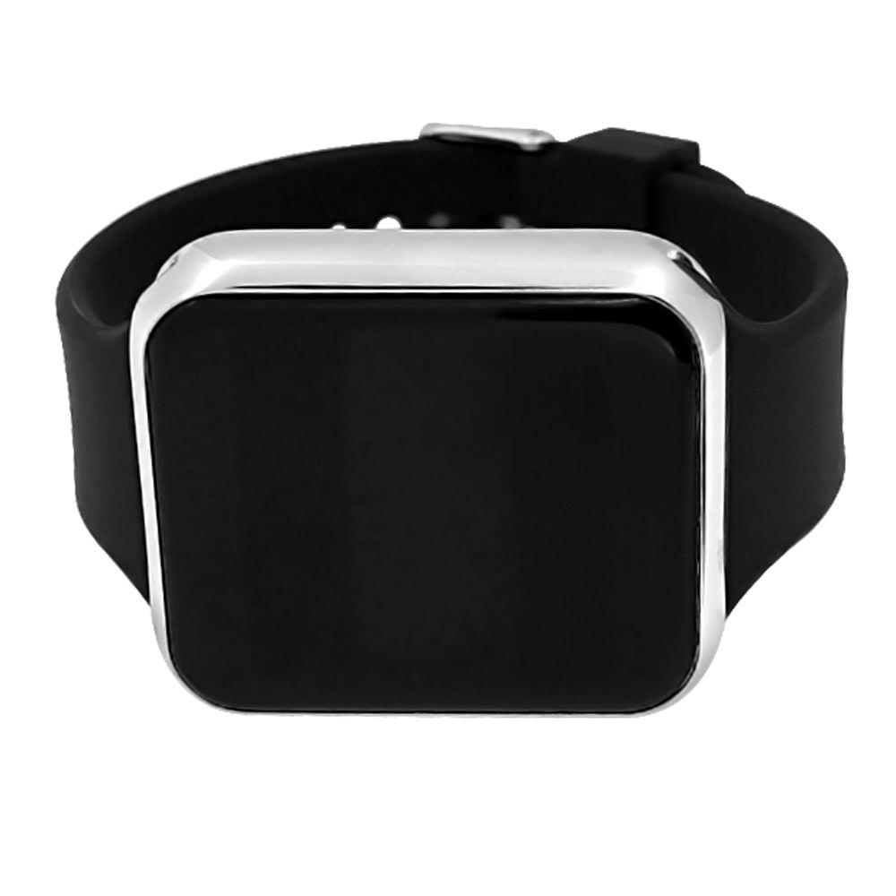 LED Touch Screen Silver Rectangle Watch Black Band HipHopBling