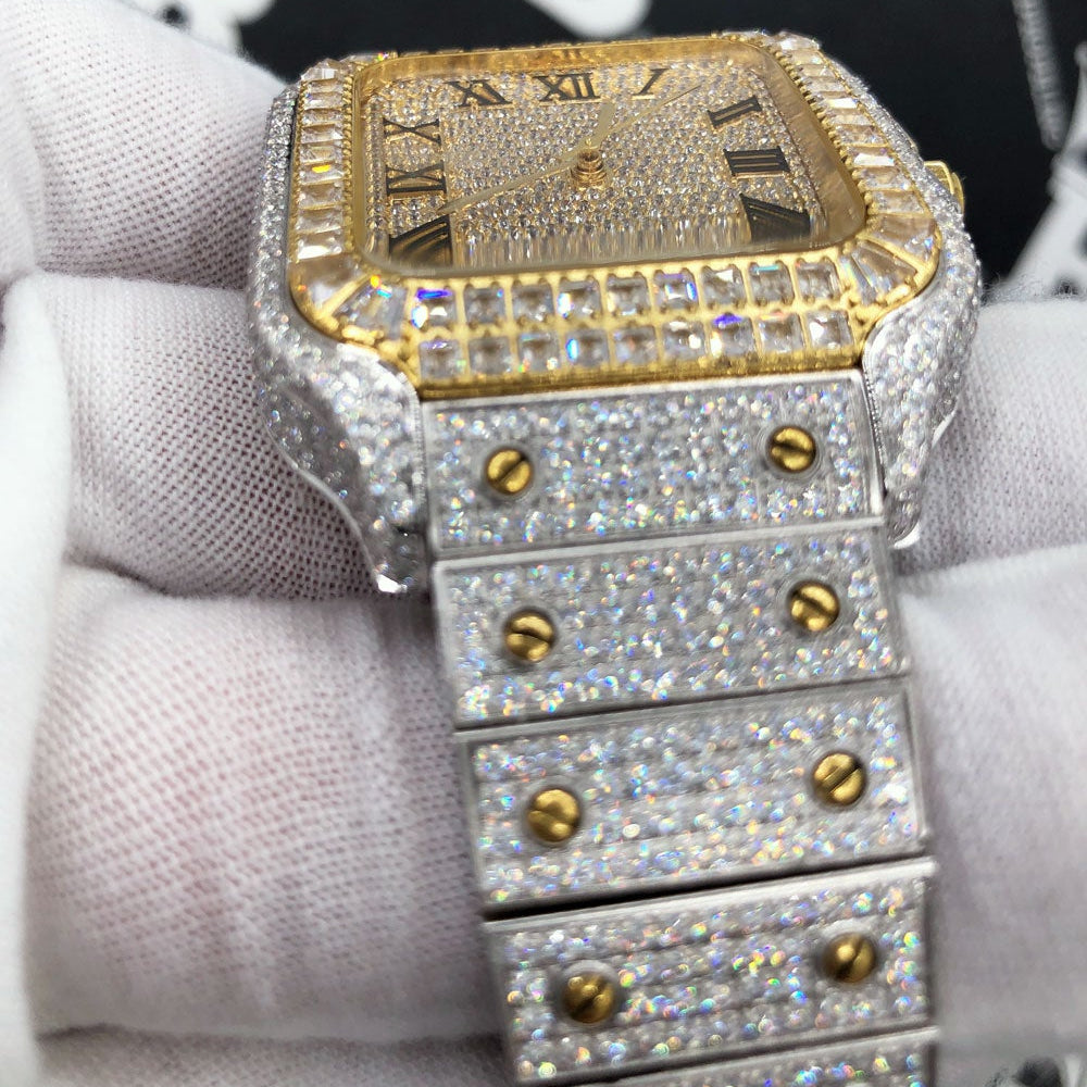 Limited Edition Iced Out Square CZ Steel Bust Down Watch TT Gold/White HipHopBling