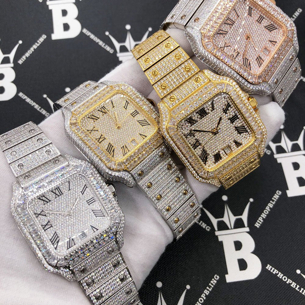 Limited Edition Iced Out Square CZ Steel Bust Down Watch Yellow Gold HipHopBling