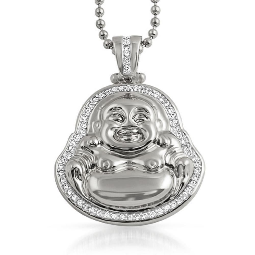 Lucky Buddha CZ Buddhist Pendant Rhodium HipHopBling